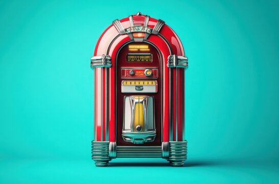 A stylized 1960s jukebox artwork with bright red and chrome details