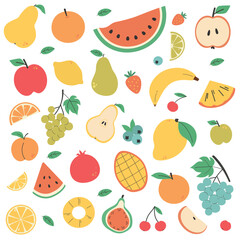 Big set of tropical and summer fruits icons. Apple, pear, watermelon, mango, lemon, pomegranate, orange, banana, orange slices, grapes, cherry. Flat vector illustration. Healthy lifestyle concept. 
