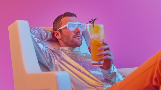 Stylish man relaxing with a tropical drink in a futuristic chair. Neon lights, vibrant colors, and holographic fashion evoke summer, drive, and playful youth aesthetics. - Powered by Adobe