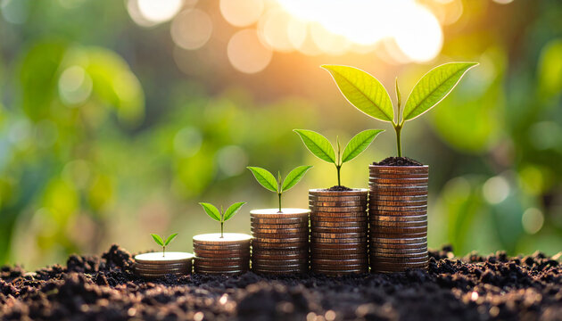Young green plant growing on stacked coins in soil, symbolizing investment growth, sustainable finance, carbon reduction, and eco friendly economic development in natural outdoor setting
