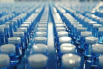Fototapeta premium Vials filled with blue liquid arranged in rows on an industrial production line
