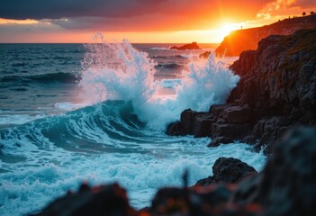 Fototapeta premium Vibrant sunset over rugged coastline with crashing waves and rocky cliffs