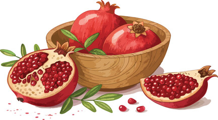 Pomegranate in bowl with pomegranate slice in white background, Pomegranate Illustration vector design