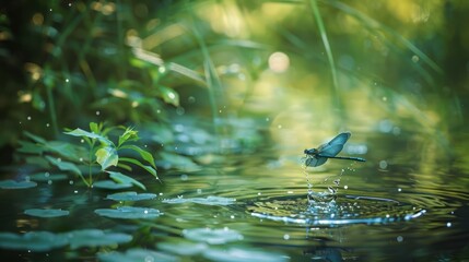 Damselfly darting over a pond.