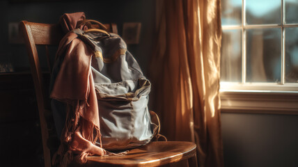 Backpack and scarf resting on a wooden chair next to a sunlit window in a cozy room. Warm tones, peaceful atmosphere.