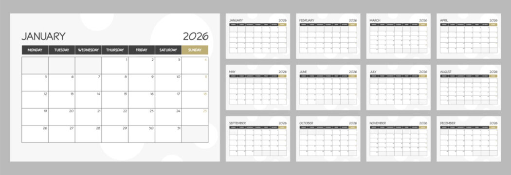 2026 monthly blank calendar planner schedule with week starts on Monday