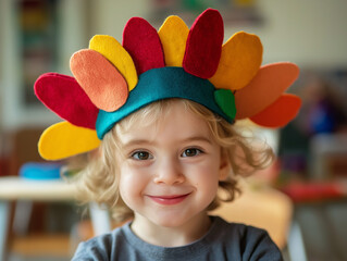 Smiling child wearing colorful turkey headband in classroom