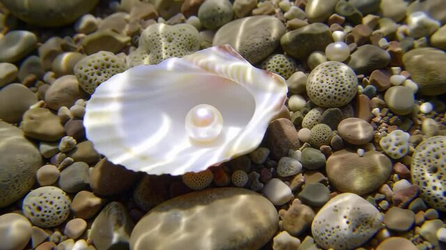 A pristine pearl resting on an open seashell among smooth pebbles under shimmering water - shell pearl