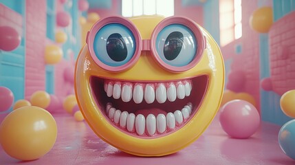Giggles and glee in a candy-colored world: A 3D rendering of a joyful emoticon in a playful pastel setting.