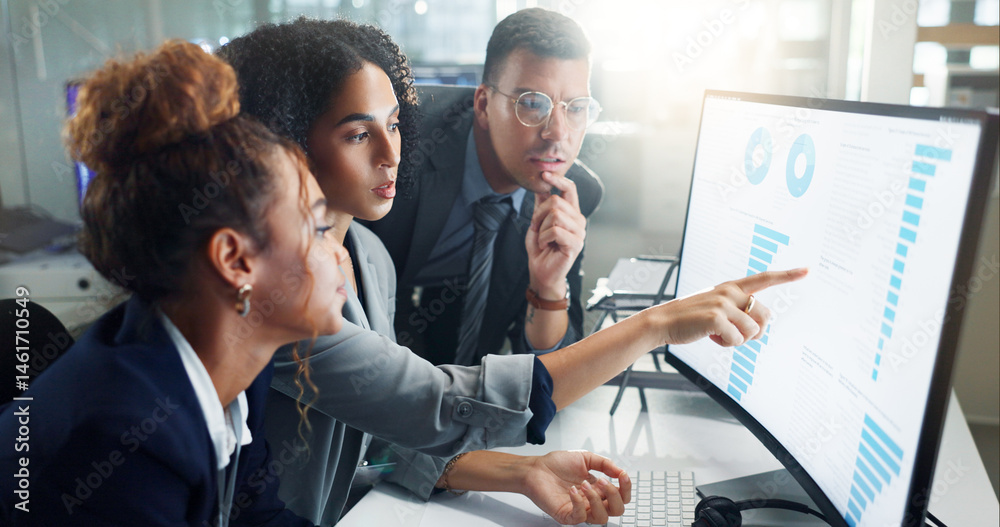 Poster teamwork, statistics and business people on computer in office for stock trading, research and finan