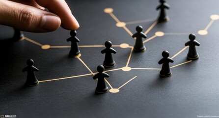 Hand placing small black figures on a network of gold lines on a dark background.  Teamwork, strategy, connections, and leadership illustrated