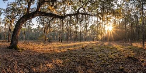 Fototapeta premium Delicate sunrise highlights the textures of the mossy forest ground, oaks arching overhead.