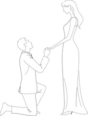 bride proposes groom, minimalist, black on white background line art illustration