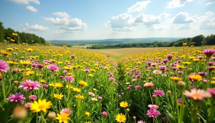 Fototapeta premium flower-field-landscape-nature-photography-spring-blooming-meadow-scenery