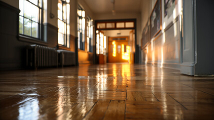 Hallway bathed in sunlight, polished wood floors reflecting light. Classic architecture with window and radiator details.