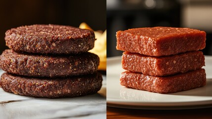Side-by-side comparison of plant-based and lab-grown meat patties