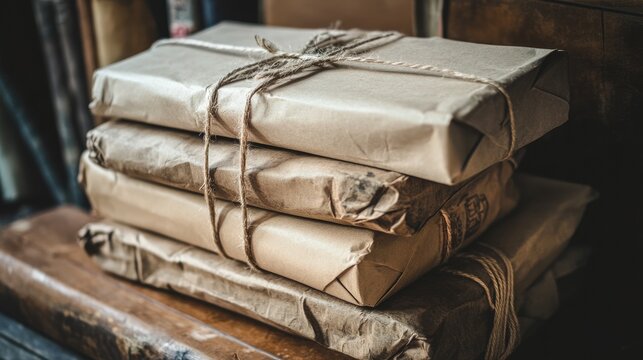 Stack of brown paper packages wrapped in jute string