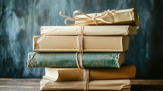 Stack of brown paper packages wrapped in jute string
