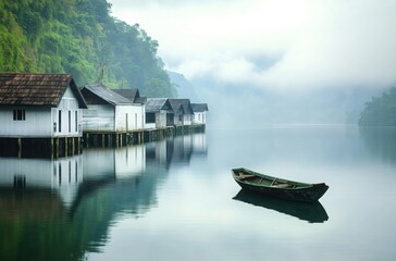 Fototapeta premium A tranquil scene of a small boat drifting on a lake, near a peaceful fishing village with wooden homes and white warehouses