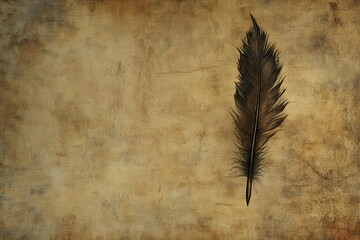Aged parchment background with a single dark feather, suggesting writing or storytelling