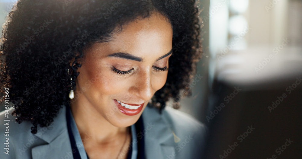 Aufkleber woman, working and computer at office with business research for audit at company with smile. websit