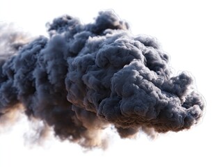 Dense, dark grey smoke cloud against a white background.  A thick, billowing mass of smoke with various shades of grey and dark brown, suggesting significant volume and density