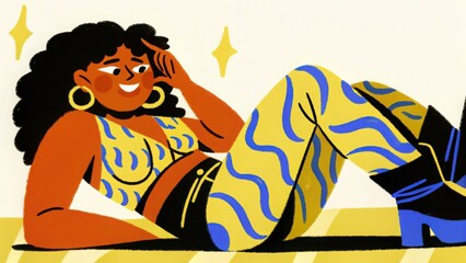 Obraz premium Illustration of woman in yellow and blue outfit lying down with black boots , hand drawing.