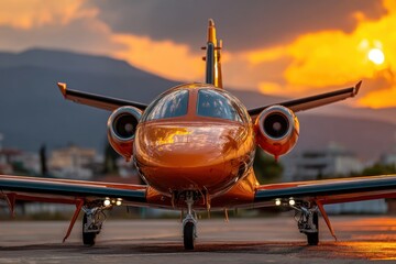 Fototapeta premium An executive jet gleams in the golden light of the setting sun, creating a vibrant and dynamic scene, with mountains visible in the background during twilight.