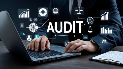 Business Audit and Compliance. Businessman conducts business audit using laptop with digital icons representing compliance, target goals, and data analysis. Standard certification, Quality control,
