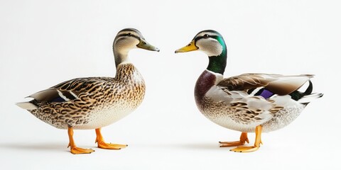 Obraz premium Ducks in natural shape contrast, one thinner and one plumper, white setting.
