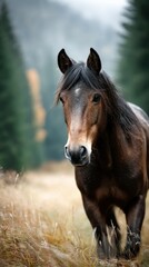 Obraz premium Majestic brown horse standing in a serene meadow surrounded by tall trees during a misty autumn morning