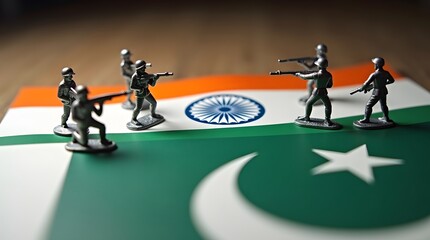 Fototapeta premium Symbolic Depiction of India-Pakistan Conflict Using Toy Soldiers and National Flags, india pakistan political crisis concept