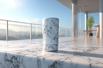 A sleek marble speaker sits on a matching counter, blending modern tech with a sophisticated marble design, on a balcony with a city view in the background.