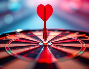 Fototapeta premium a dartboard with a bullseye at its center. a single red dart is stuck in the bullseye, creating a heart shape with two arrows. this formation resembles a target or an aiming for perfection