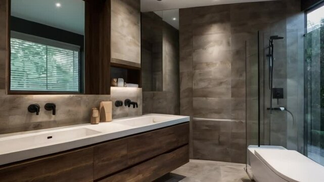 Modern bathroom with dual sinks, wood vanity, tiled shower, and forest view