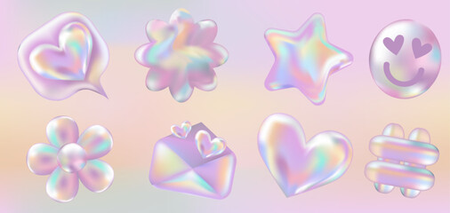 3d holographic retro 90 stickers set. Pink Chrome Envelope, Hashtag, Like, Star, Daisy Flowers, Smile, Heart in Y2K style on gradient template. Future galaxy aesthetic, 3D chrome bubble art. 