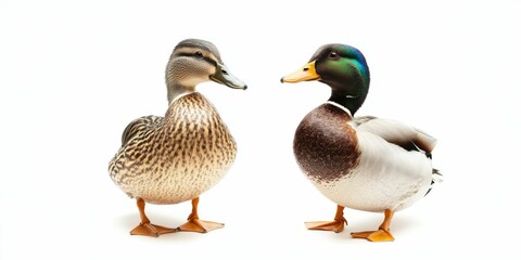 Ducks showing interest in each other, soft light, isolated on white.