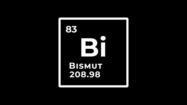 Bismut, chemical element of the periodic table graphic animation. Alpha channel. Transparent background motion design. 4K resolution