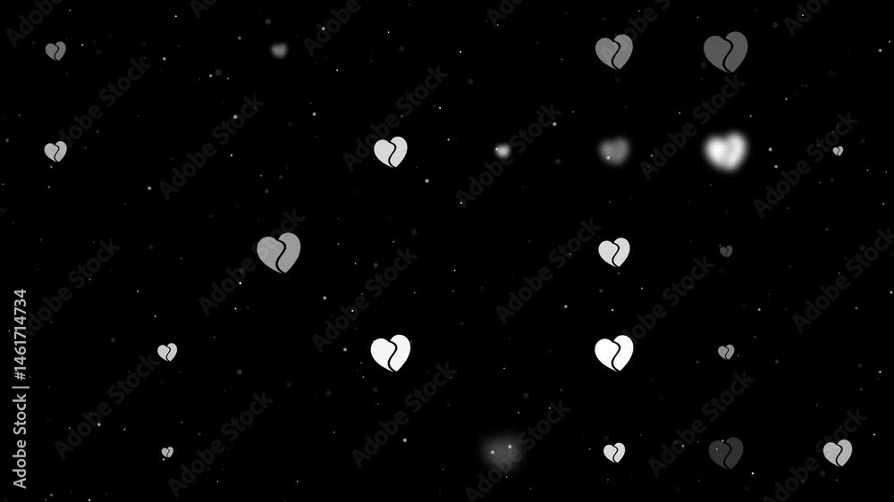 Poster template animation of evenly spaced two halves of a heart symbols of different sizes and opacity. an