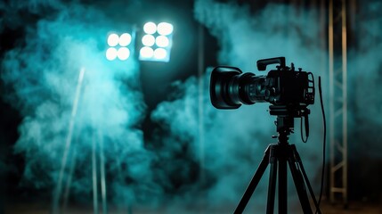 Fototapeta premium Professional camera on tripod in studio with smoke and lights, cinematic shot, film production concept, stage equipment, creative industry
