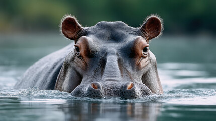 A hippo in a body of water, heads bobbing above the surface