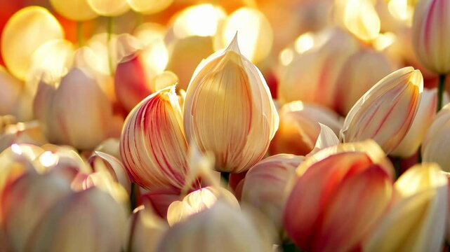 Close-up of flower buds resembling garlic cloves glowing in warm golden light with bokeh.