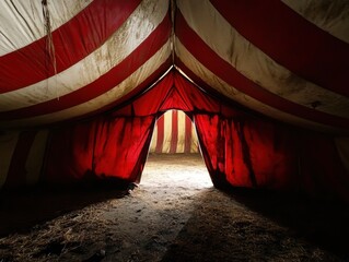 Interior view of vintage circus tent with red and white stripes looking out to light low angle shot