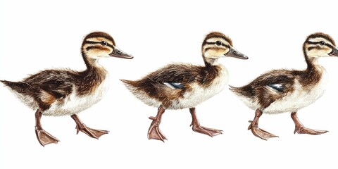Obraz premium Ducks with realistic foot placement and feather layering, white background.