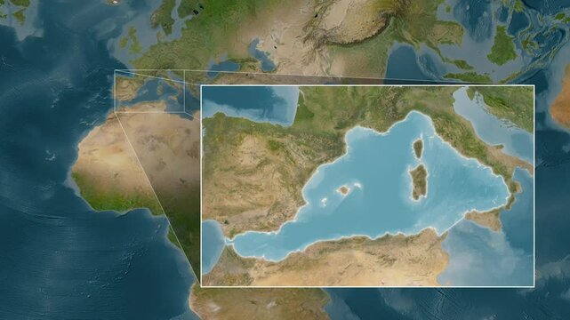 Mediterranean Sea - Western Basin. Satellite map. Location