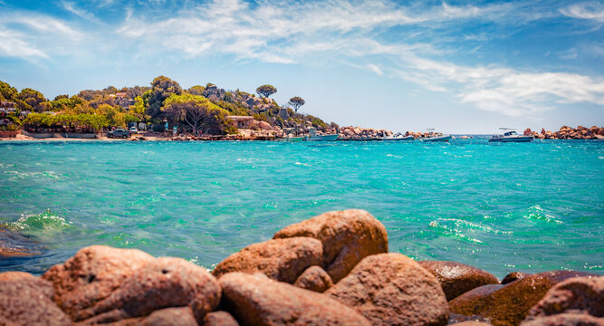 Attractive summer view of Santa Giulia beach. Spectacular morning scene of Corsica island, France, Europe. Superb Mediterranean seascape. Beauty of nature concept background.