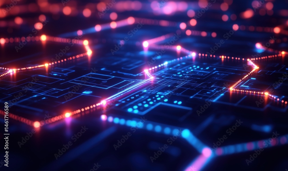 Poster abstract digital circuit board with glowing lights and intricate patterns