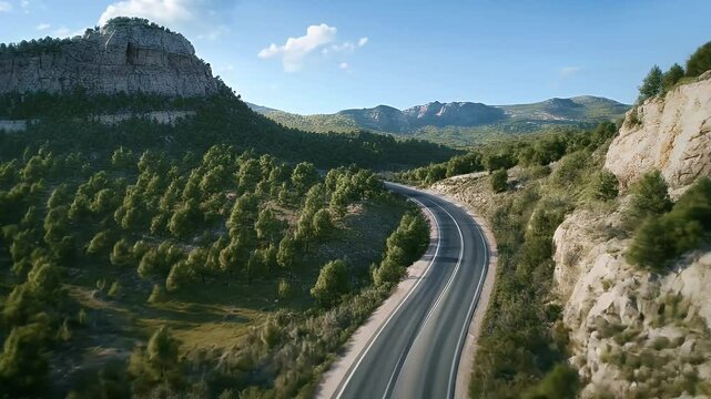 Asphalt Road Winding Through Mountainous Green Landscape Under Blue Sky on Sunny Day