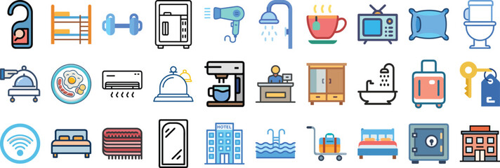 Hotel and Hostel Icon Set – Colorful Flat Style with Transparent Background 30 icon set