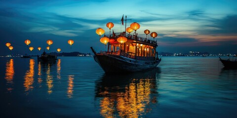 Obraz premium Each lantern's path traces a soft arc upward, surrounding the boat like a halo.